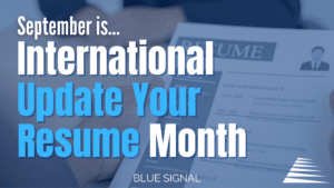 Blog cover with resume and text that reads "September Is Update Your Resume Month"