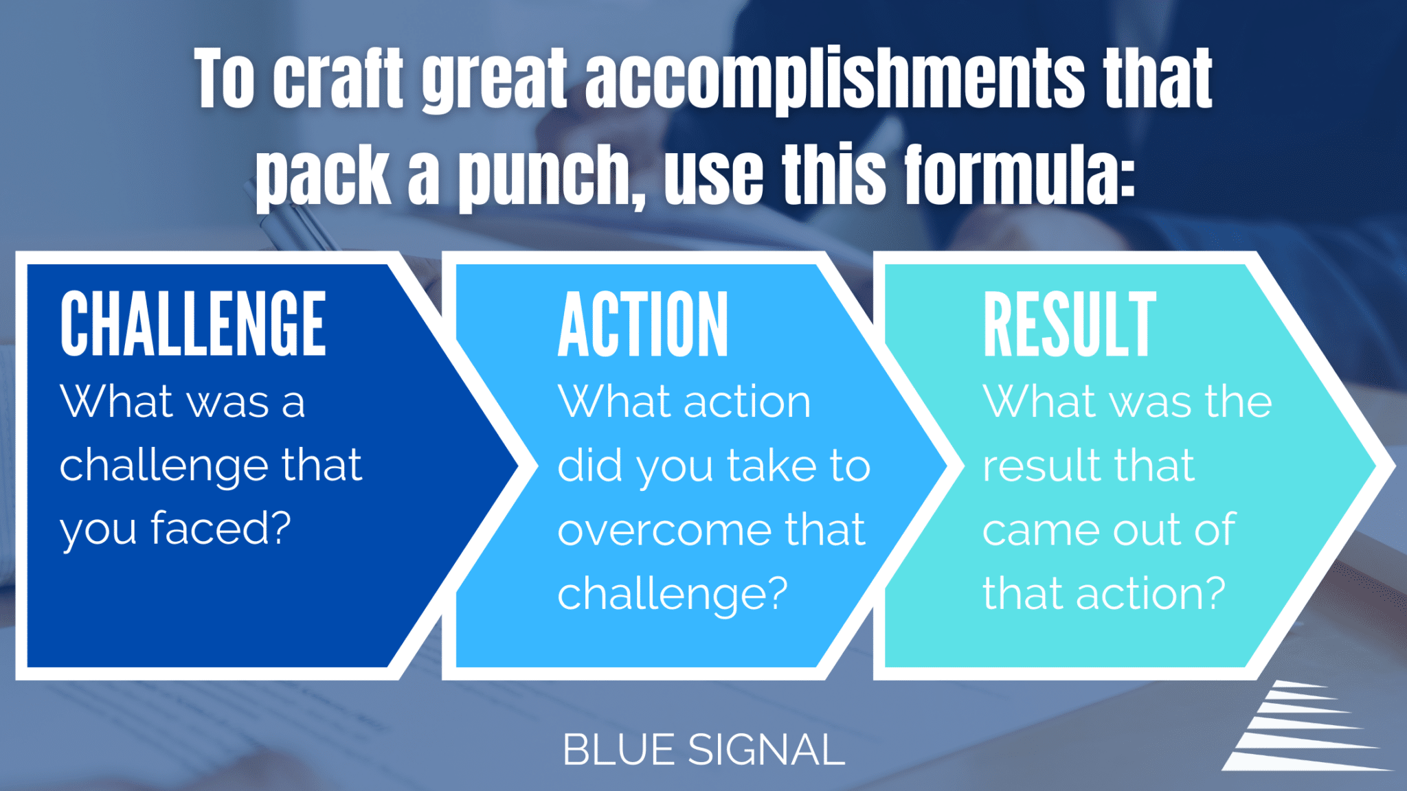 Text stating "o craft great accomplishments that pack a punch, use this formula" following by a flow chart with three elements containg text.