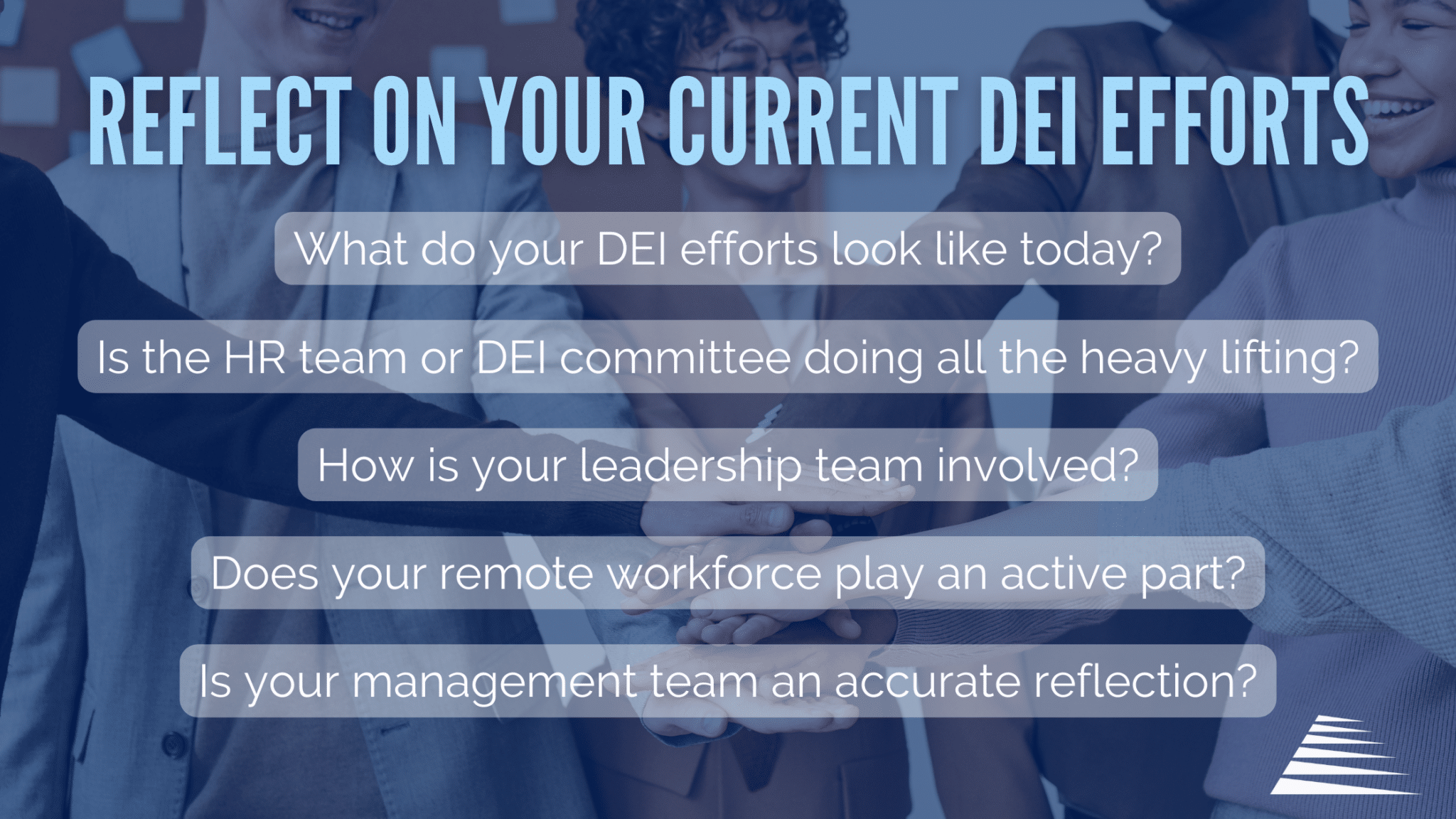 Graphic titled "Reflect on your current DEI efforts" with 5 questions listed below. Backround image of coworkers putting their hands together in a group.