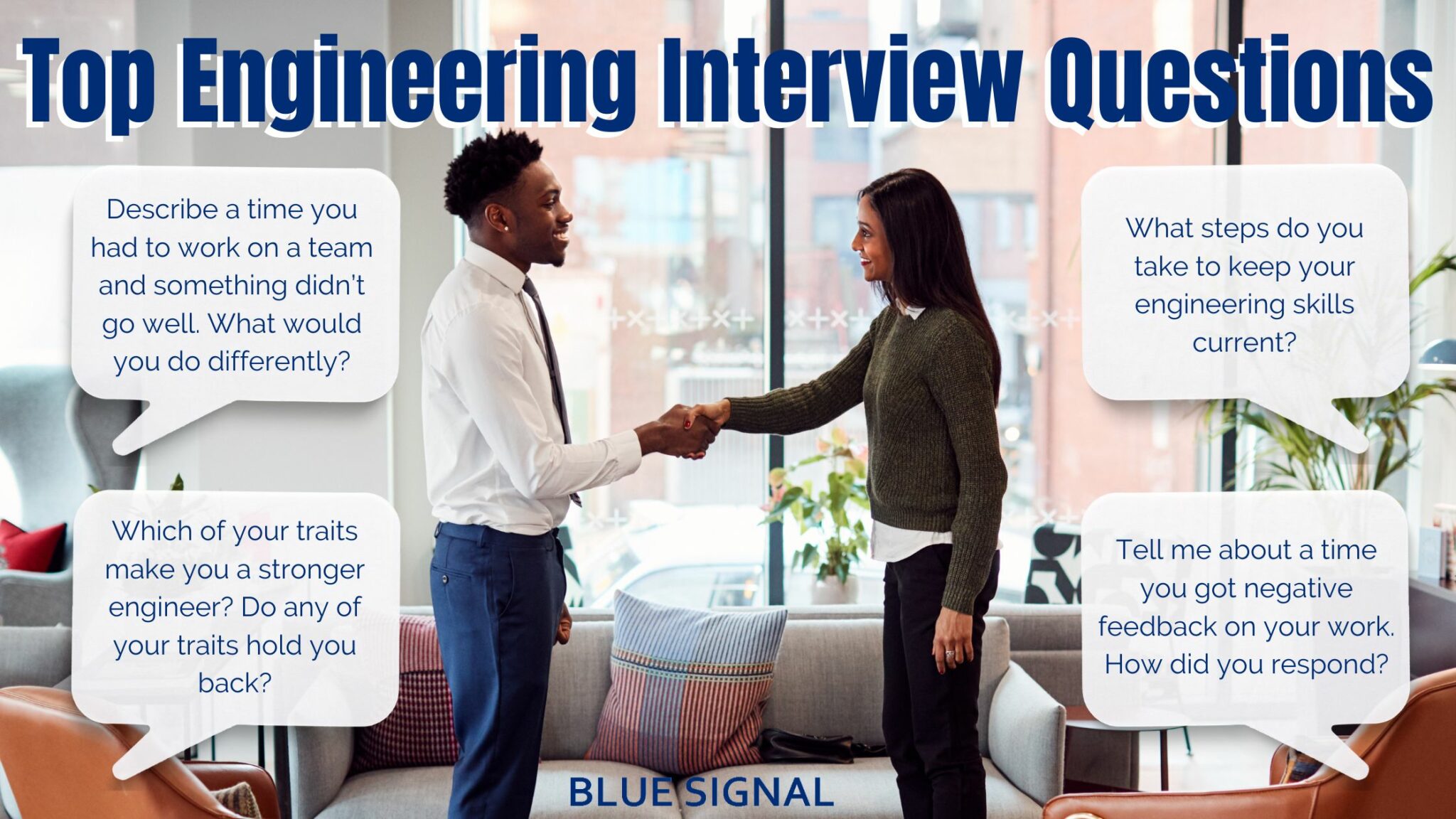 A man and woman dressed professionally shaking hands in an office with word bubbles around highlighting engineering interview questions