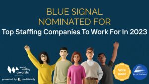 Blog cover with World Staffing Award text overlayed blue background. Clay animation figures celebrating at bottom