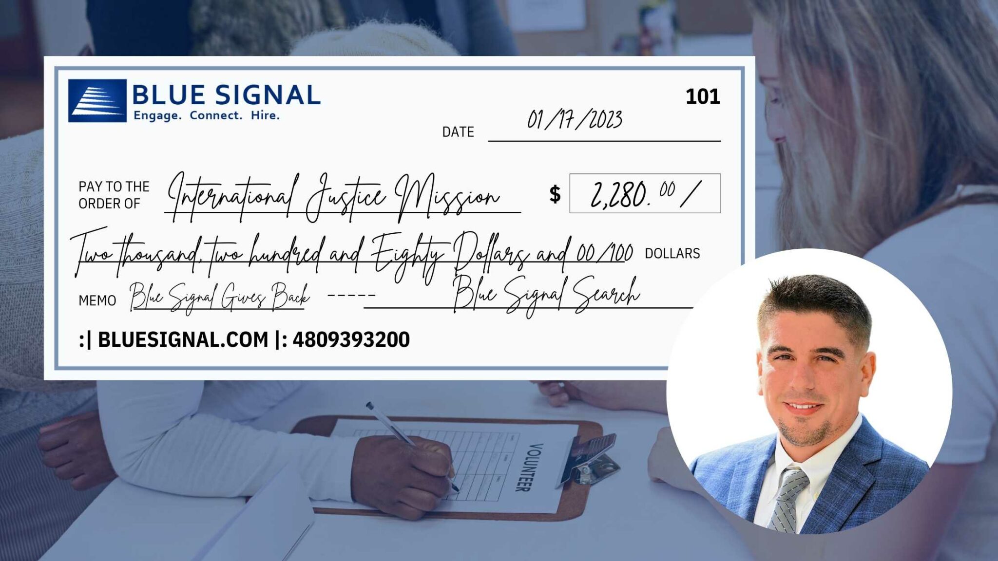 Blue Signal Gives Back donation to International Justice Mission