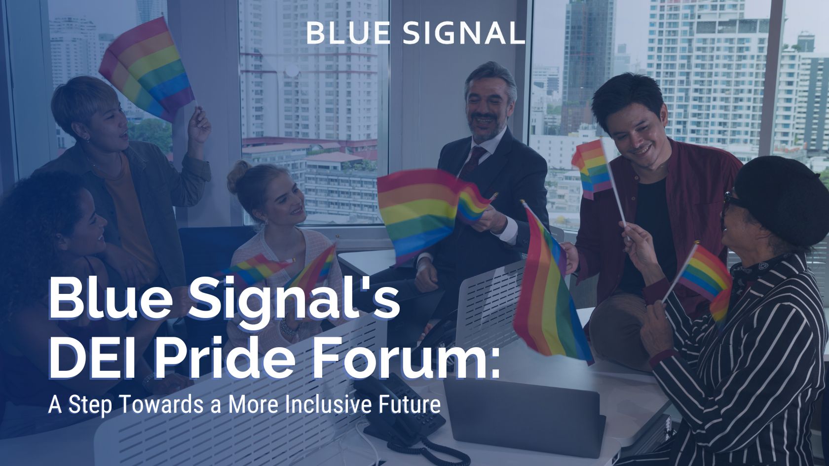 Group of employees celebrating DEI Pride Forum by waving rainbow flags in the office