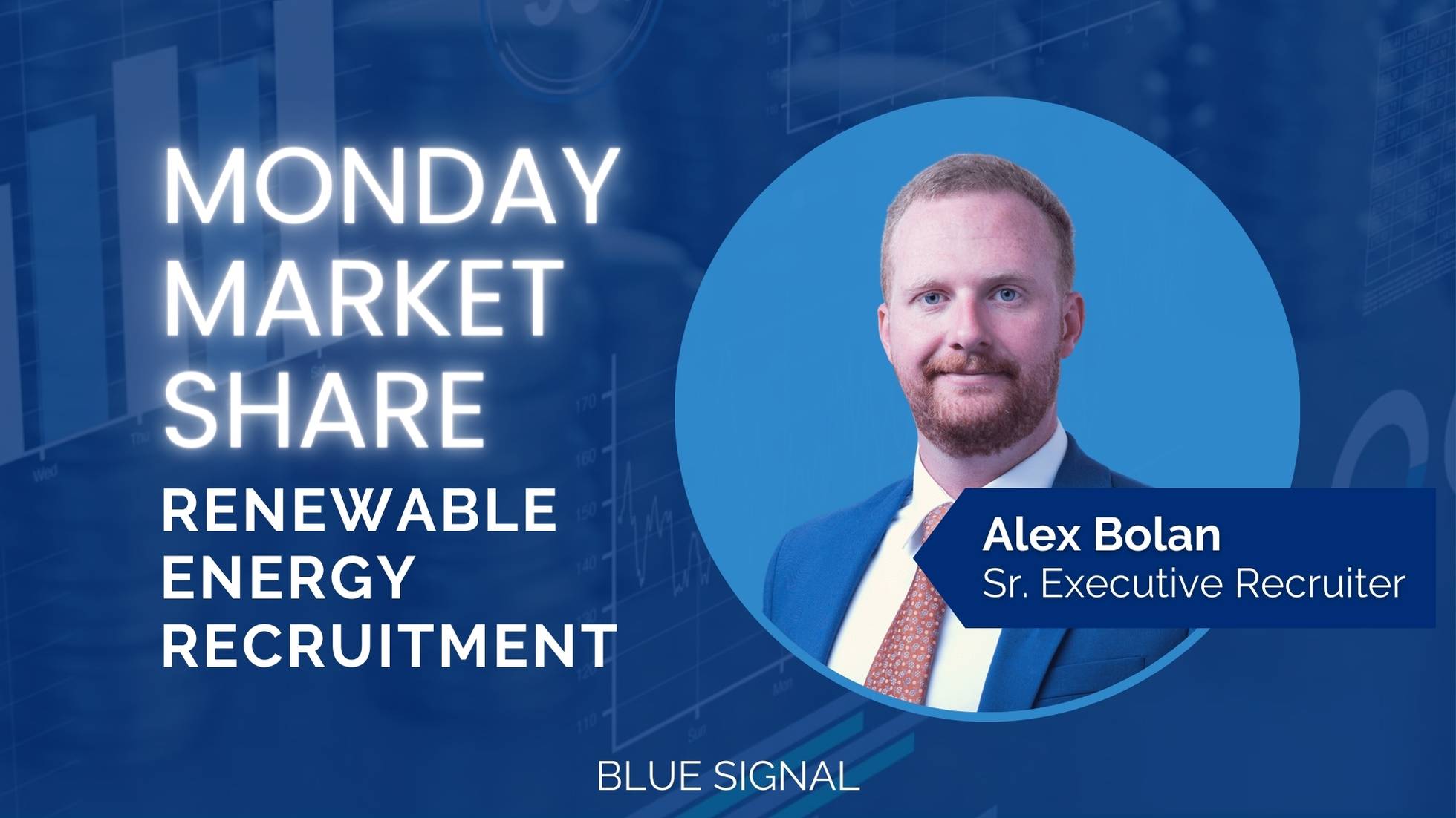 Monday Market Share blog banner featuring the renewable energy industry and Sr. Executive Recruiter, Alex Bolan.