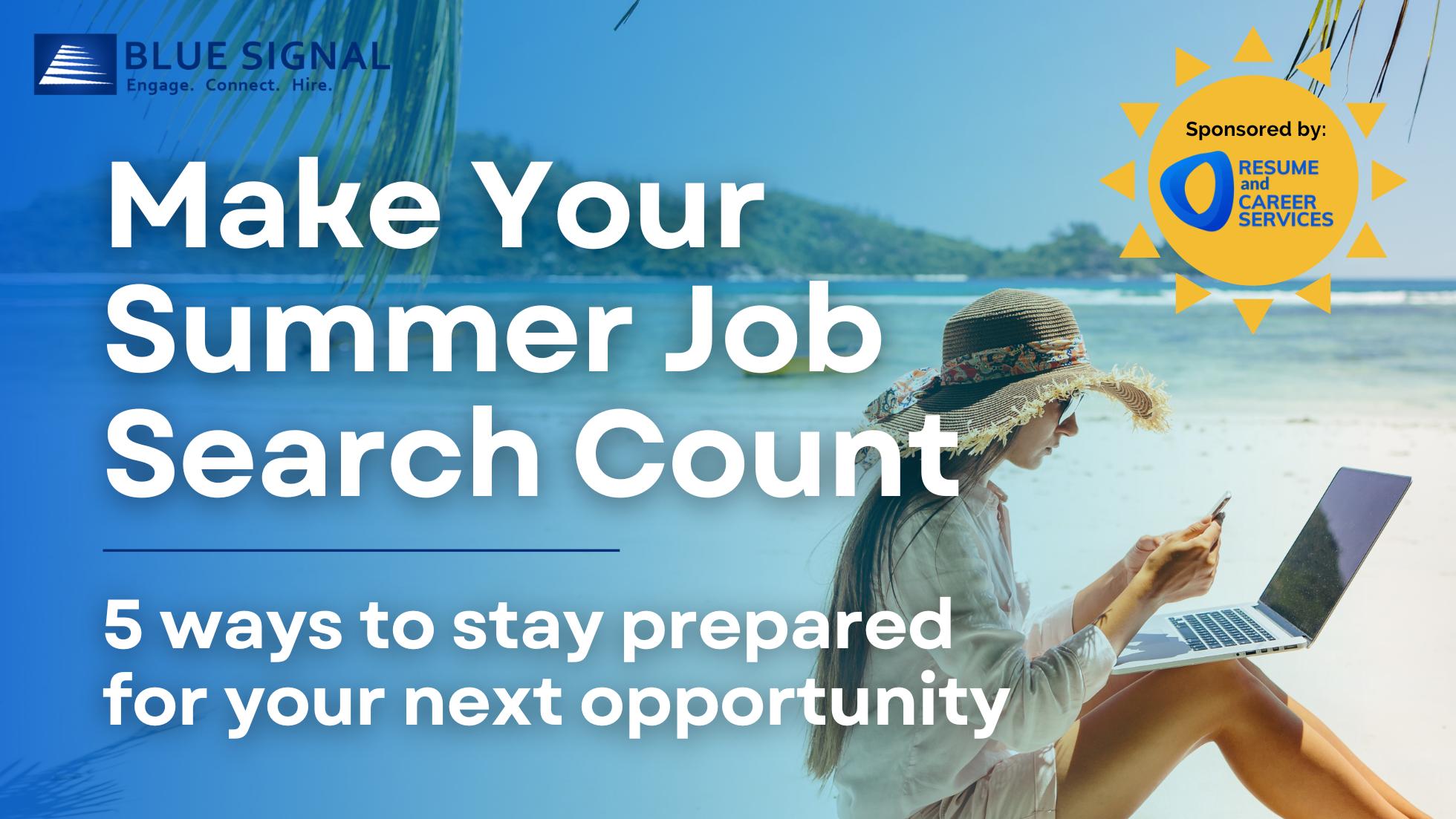 Summer job search tips banner featuring a professional working on a laptop at the beach with Blue Signal branding.