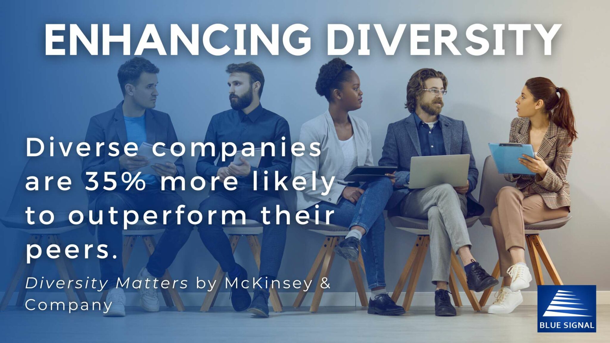 Image of 5 job applicants waiting to interview with a text overlay. Text states "Diverse companies are 35% more likely to outperform their peers - Diversity Matters by McKinsey & Company"