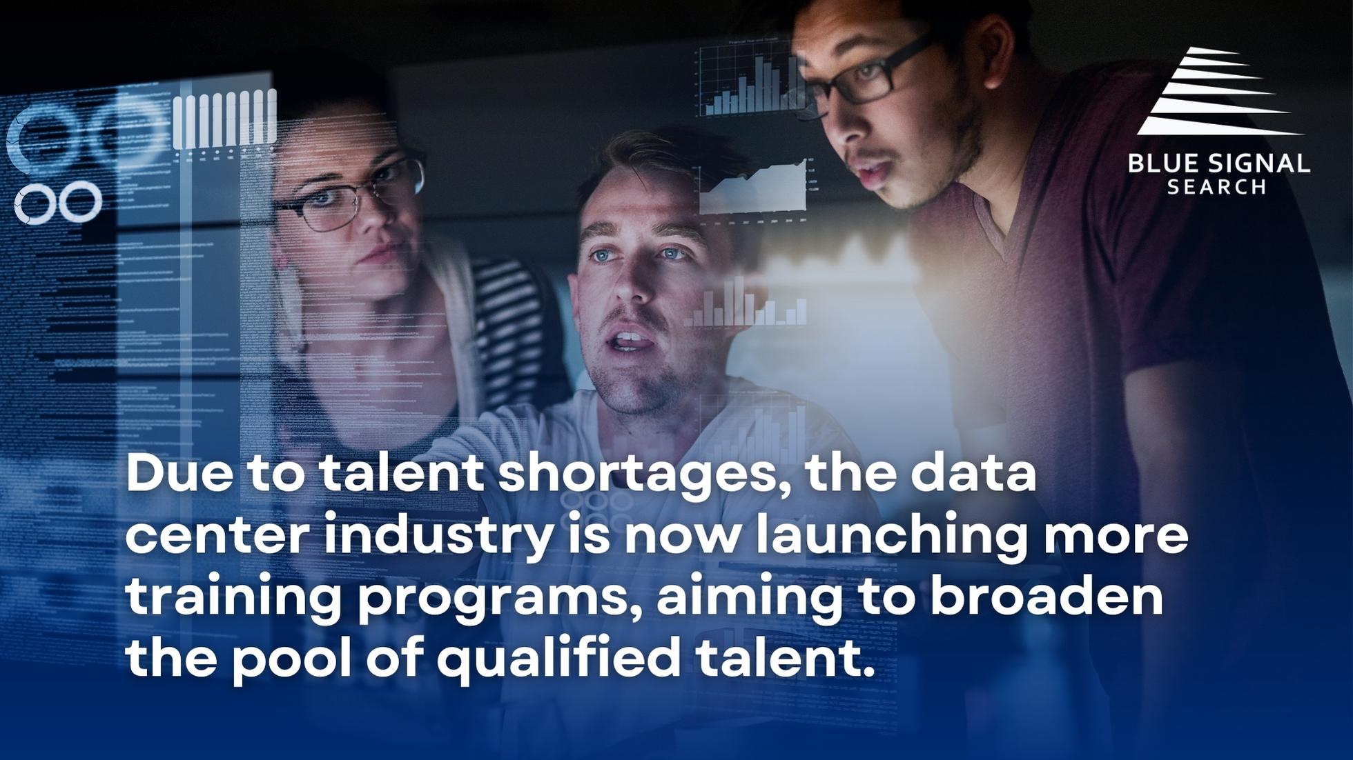 A team of data center developers training for their new jobs in a data center, with a text overlaying it about the industry increasing training programs due to job shortages