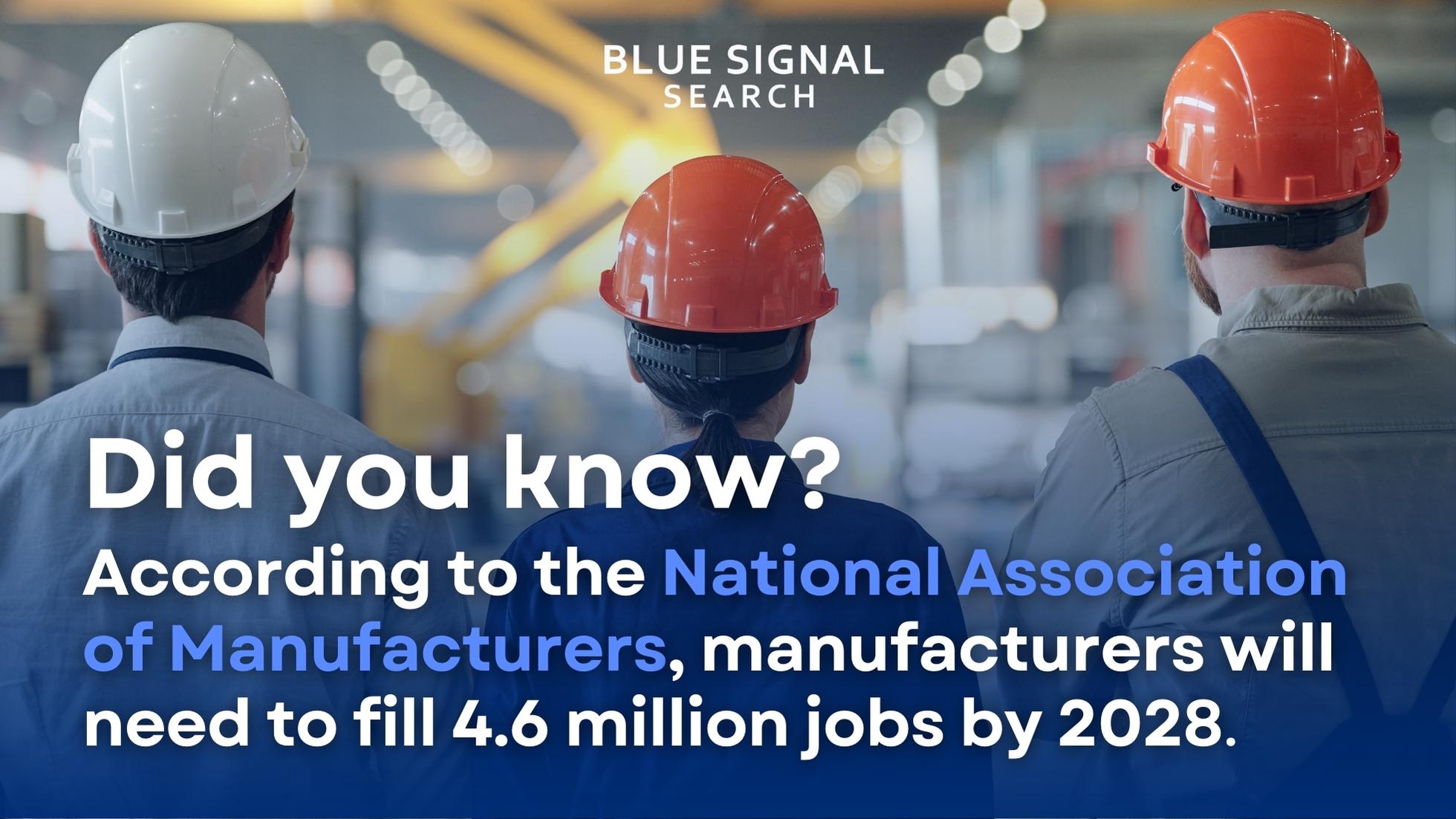 Manufacturing workforce fact about the need to fill 4.6 million jobs by 2028 with an image of employees looking ahead in a factory.