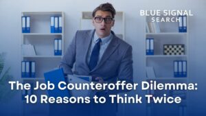 Man cleaning out his desk as he leaves his current job behind a blog title "The Job Counteroffer Dilemma: 10 Reasons to Think Twice"