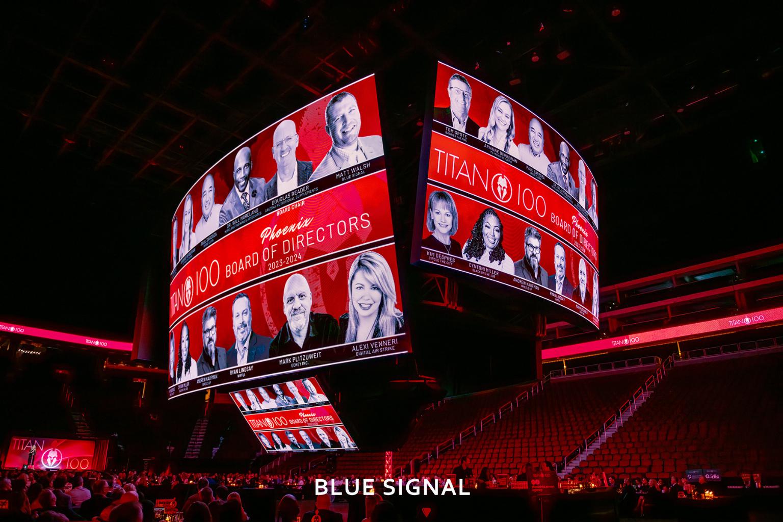 Image of the 2023-2024 Phoenix Titan 100 Board Of Directors displayed at the Desert Diamond Arena for the Phoenix Titan 100 event.