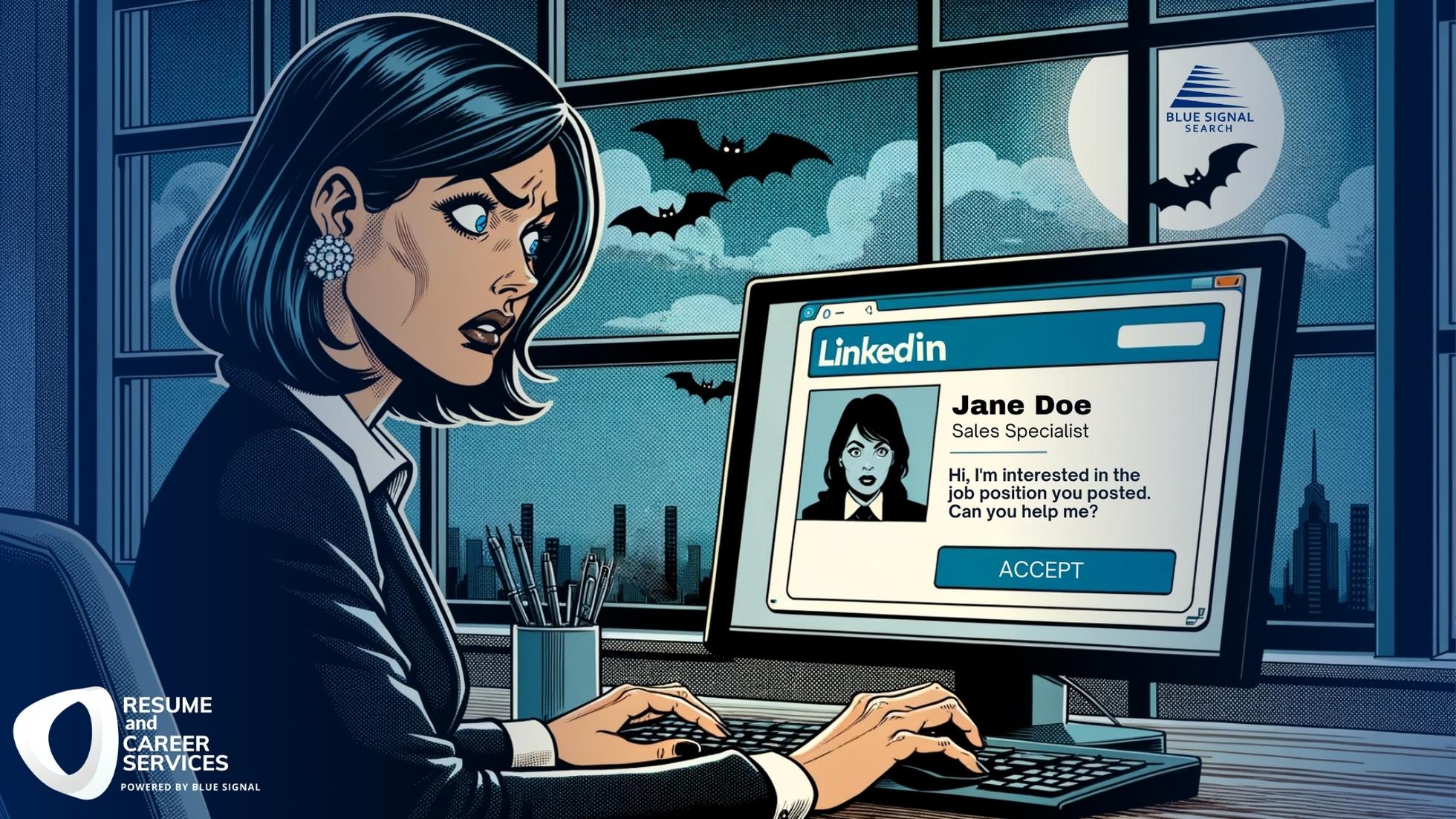Cartoon Blue Signal recruiter looks annoyingly at the computer screen when she witnesses a LinkedIn etiquette horror as she receives a connection request rudely asking of her help with no polite professionalism.