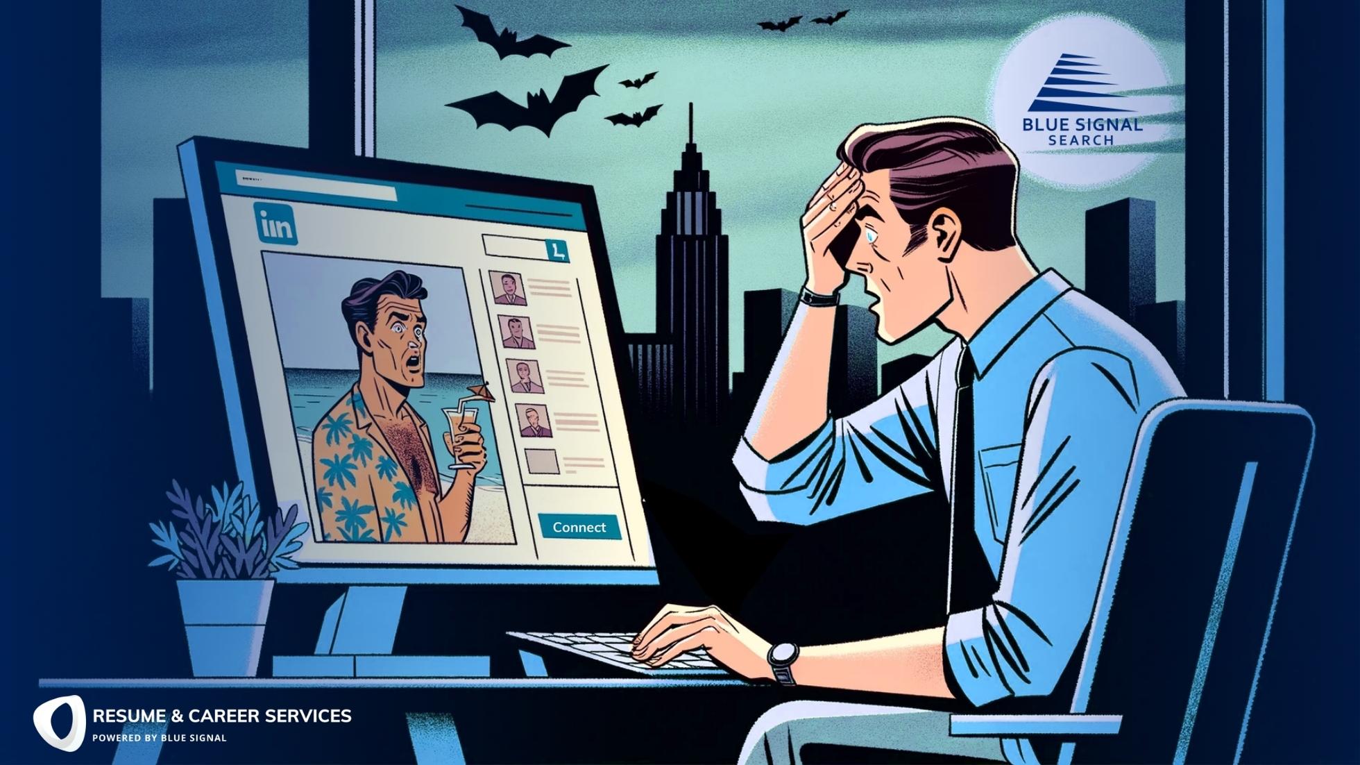 Blue Signal Recruiter looks shocked at his screen as he sees a candidate LinkedIn profile with a picture of him drinking a cocktail on the beach in his swim trunks for his profile picture.