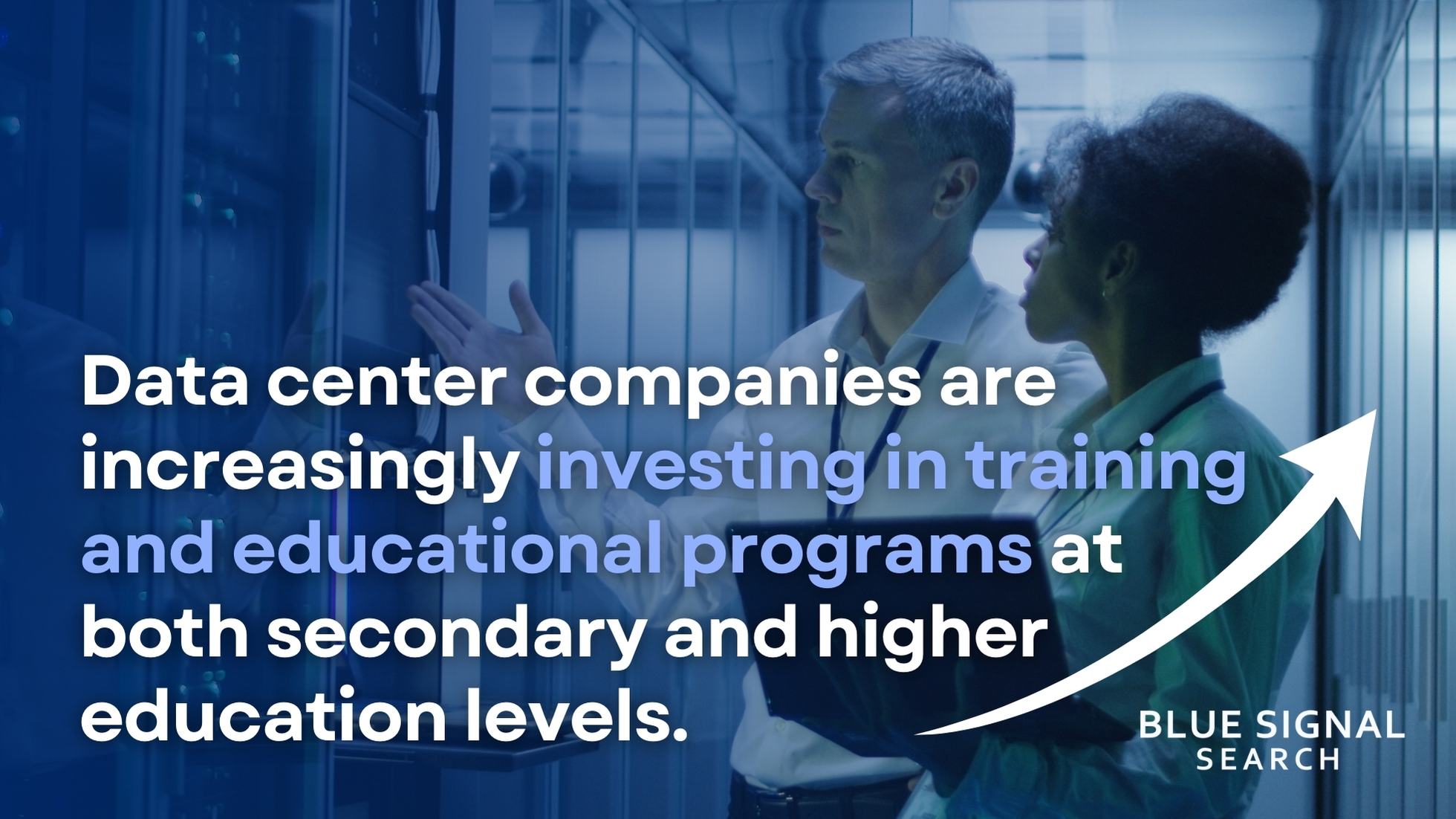 Data center companies are increasing their investments in training and educational programs text displayed over an image of an employee being trained in a data center
