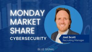 Monday Market Share cybersecurity theme with Joel Scott, Recruiting Manager at Blue Signal, featured against a backdrop of stock market charts