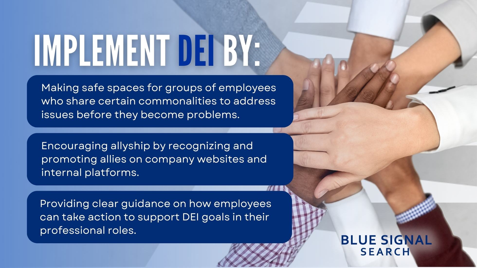 A visual guide detailing steps to implement DEI, a crucial recruiting trend, including creating safe spaces and promoting allyship.