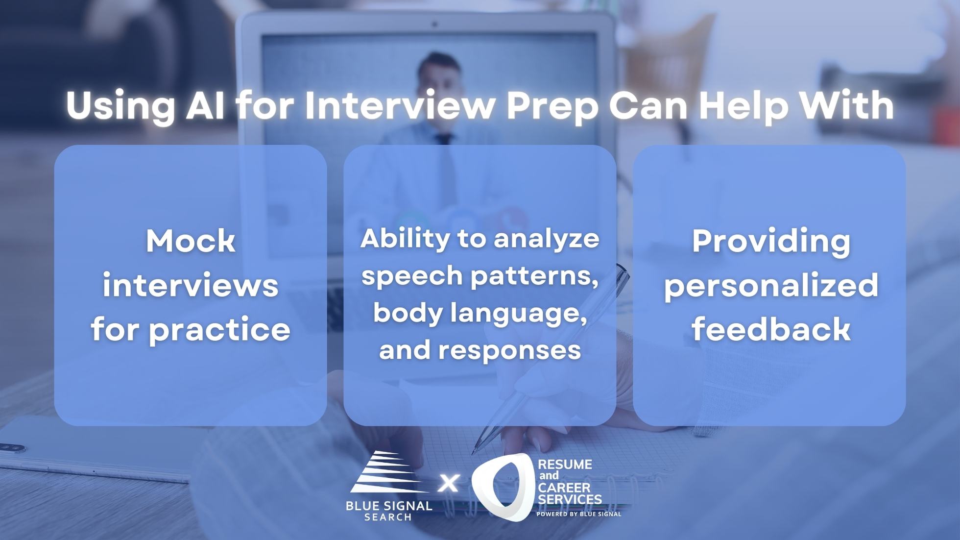 Infographic showing benefits of AI for interview prep, including mock interviews for practice, speech and body language analysis, and personalized feedback.