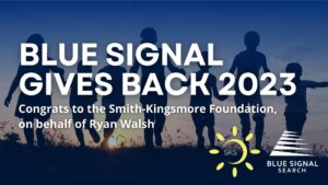 Silhouettes of children running joyfully against a sunset, symbolizing hope and the support from Blue Signal Give Back's contribution to the Smith-Kingsmore Foundation.