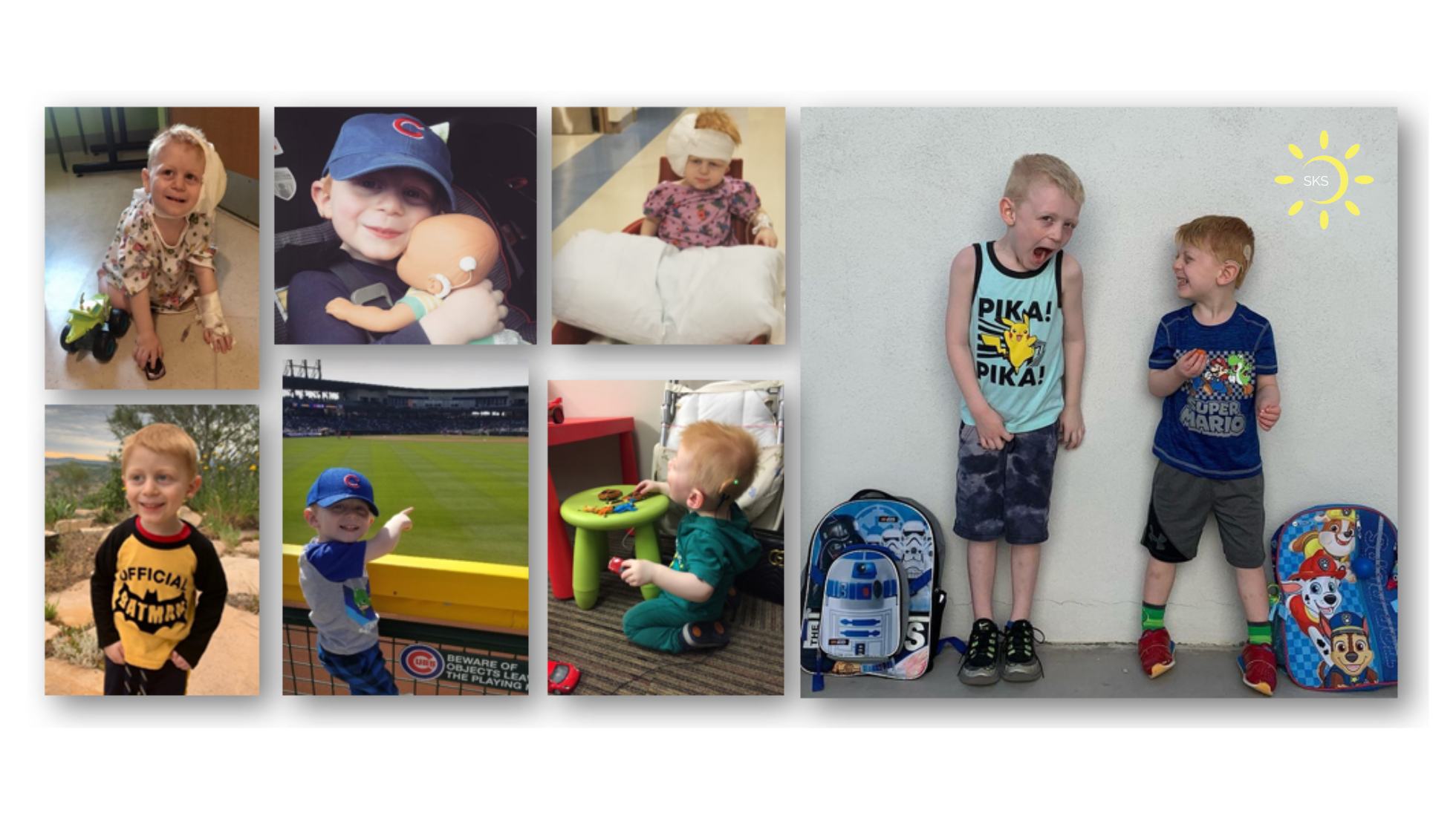 A collage of joyful moments from JJ Walsh's life, a brave child with Smith-Kingsmore Syndrome, showcasing his vibrant spirit.