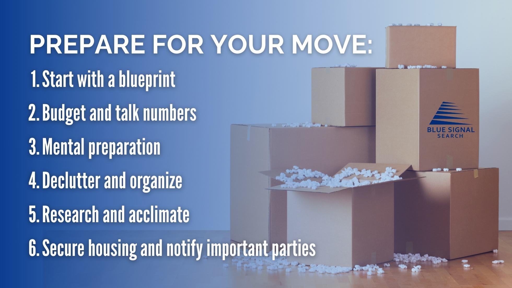 Checklist for moving preparation displayed in front of packed cardboard boxes with Blue Signal Search logo