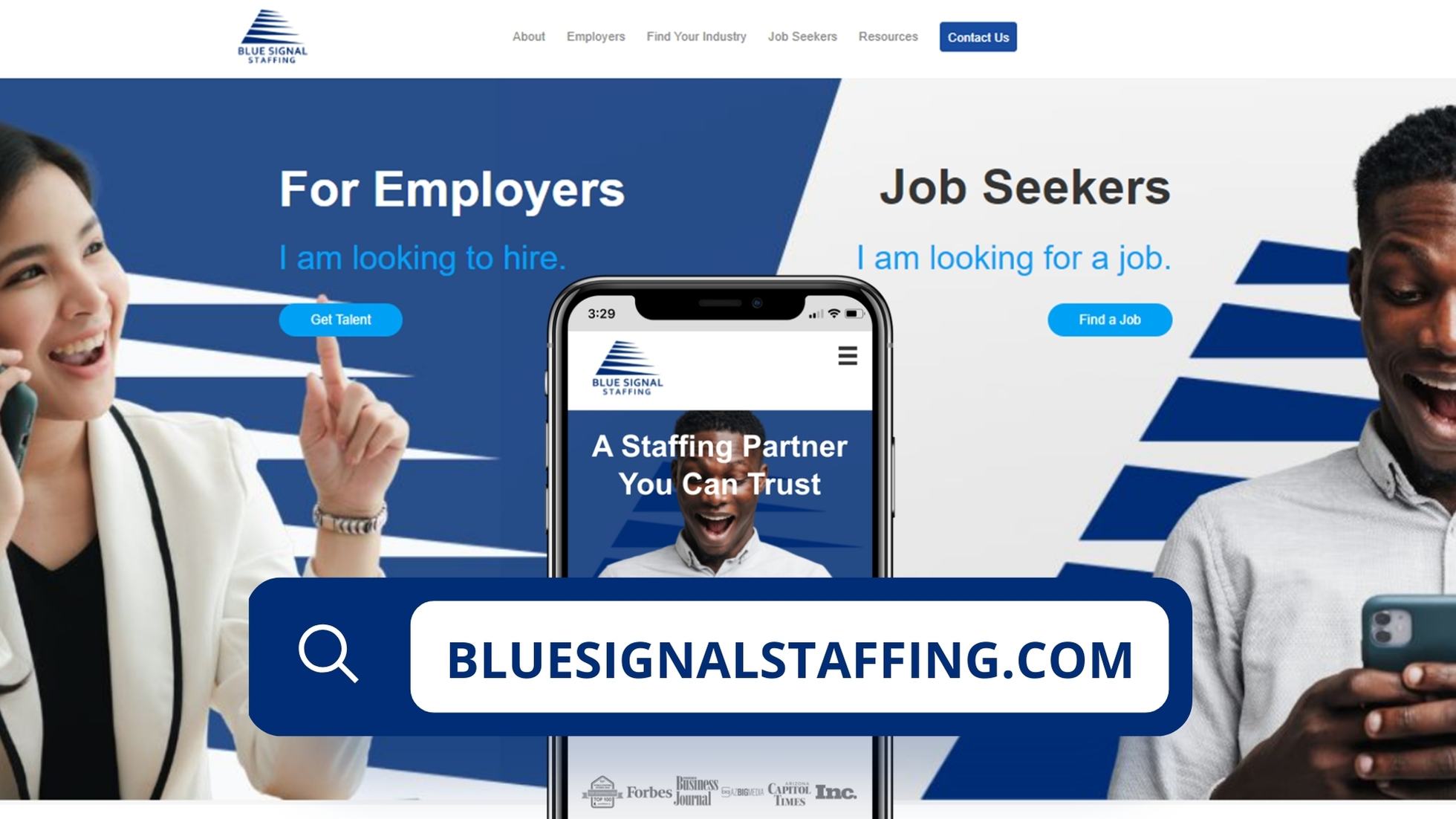 Blue Signal Staffing's homepage showcasing their services for employers and job seekers with a clear and engaging interface.