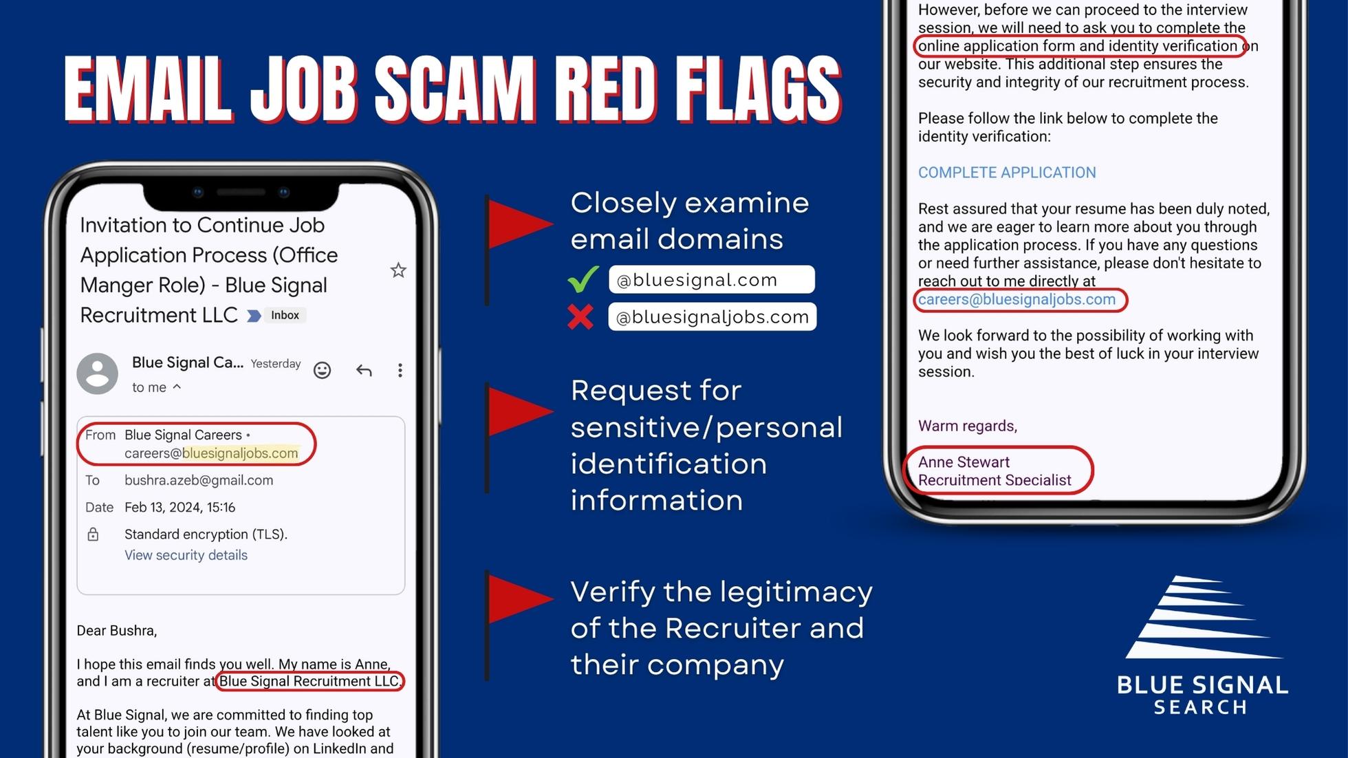 A smartphone showing an email with suspicious red flags, such as mismatched email domains, indicating a job scam.