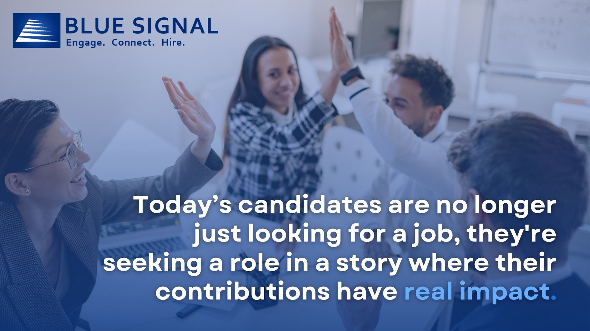 "Enthusiastic team members high-fiving in a collaborative office setting, symbolizing job seekers' desire for impactful roles, aligning with their goal to 'attracting talent'.