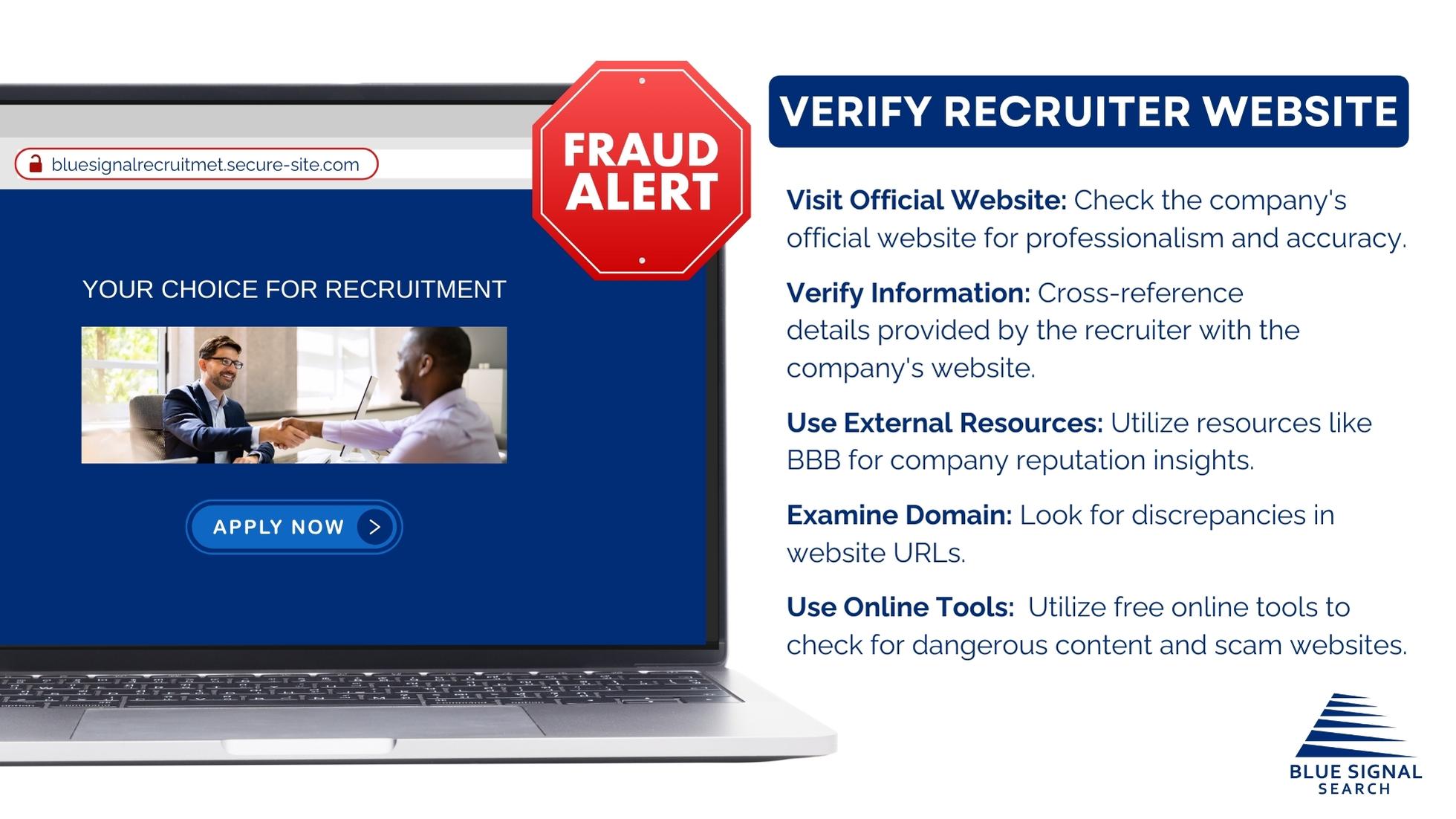 A laptop screen displaying a fake recruitment site with a 'Fraud Alert' sign, highlighting steps to verify the authenticity of a recruiter's website.