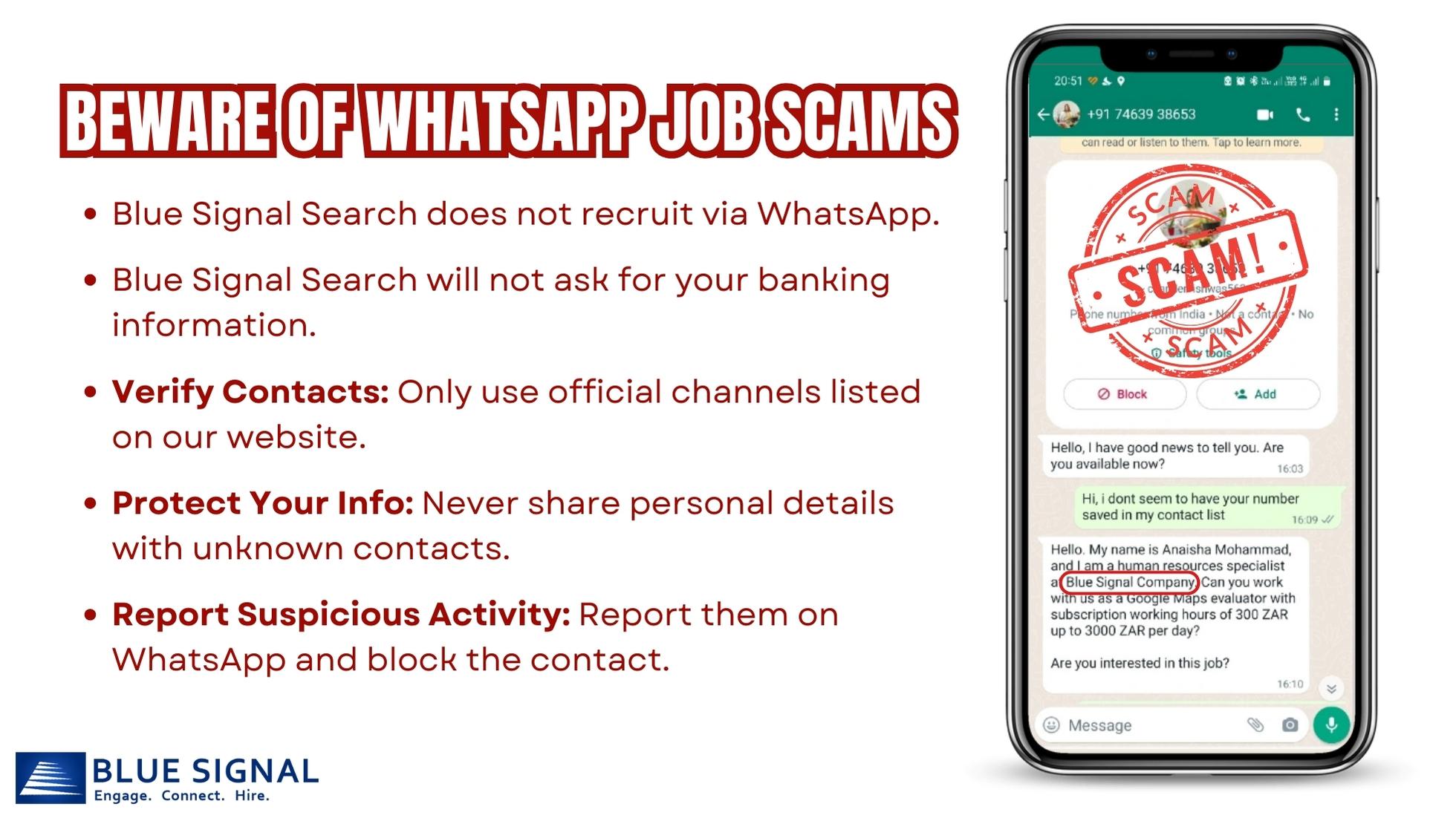 Warning about WhatsApp job scams, with a smartphone displaying a fraudulent job offer message marked with a 'SCAM' stamp.