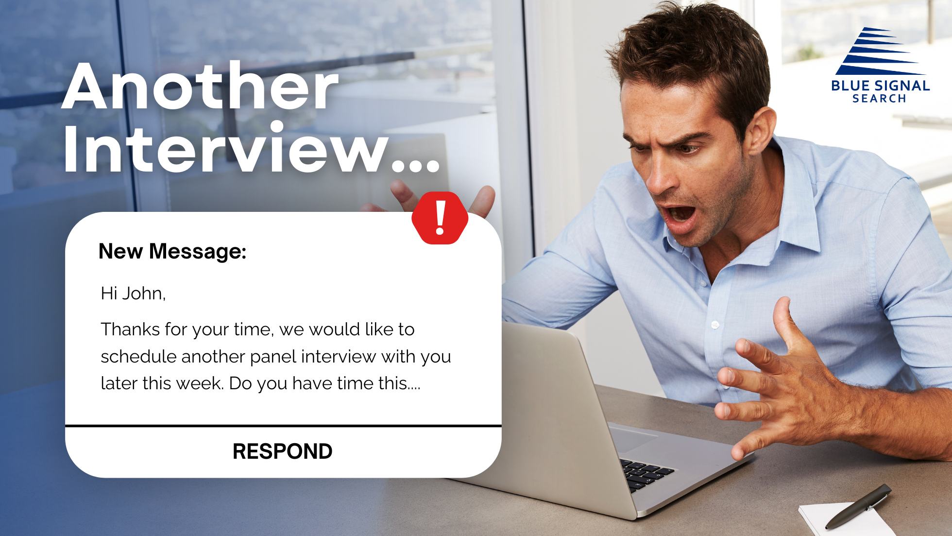 Surprised man receiving an email notification for another job interview.