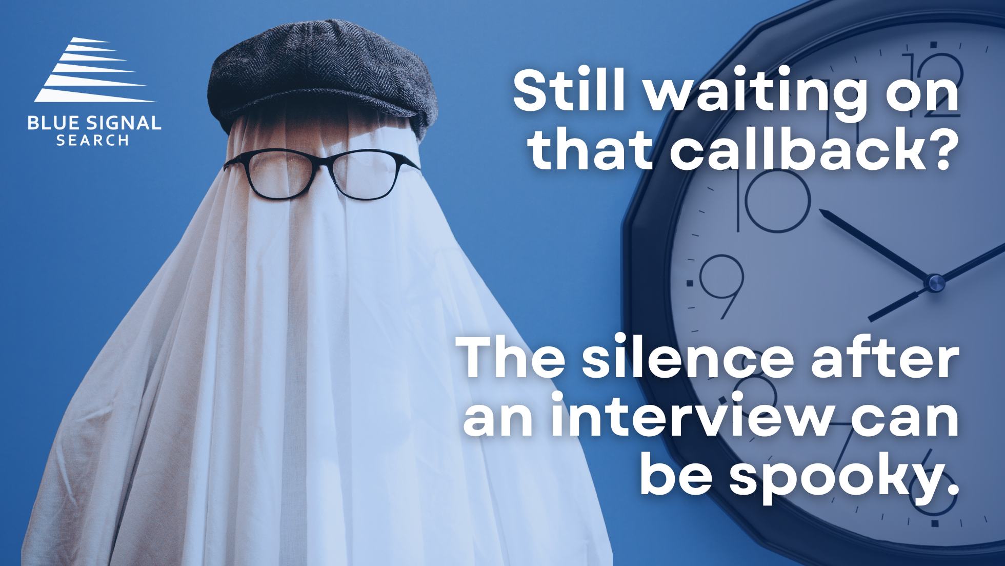 A ghostly figure with glasses and a cap, humorously representing the anxious wait for a job interview callback, with a clock in the background.