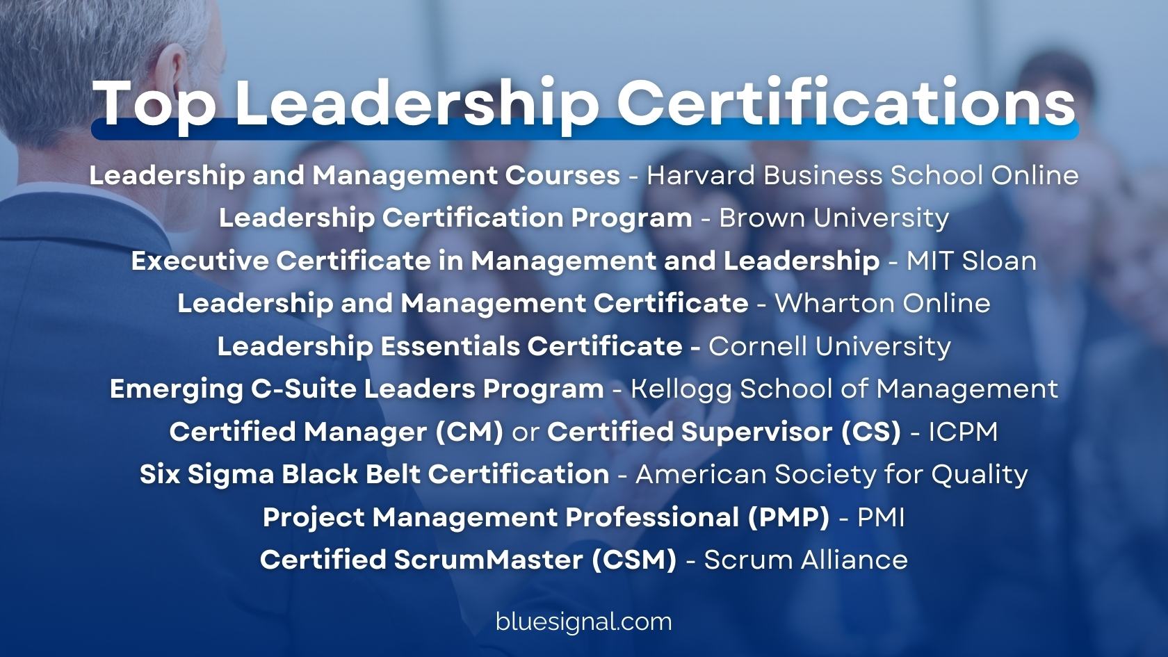List of top leadership certifications including courses from Harvard, Brown, MIT Sloan, Wharton, Cornell, and more.