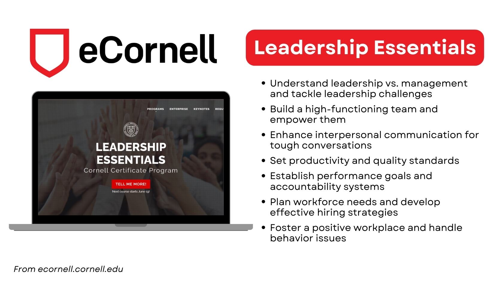 eCornell Leadership Essentials Certificate program benefits overview.