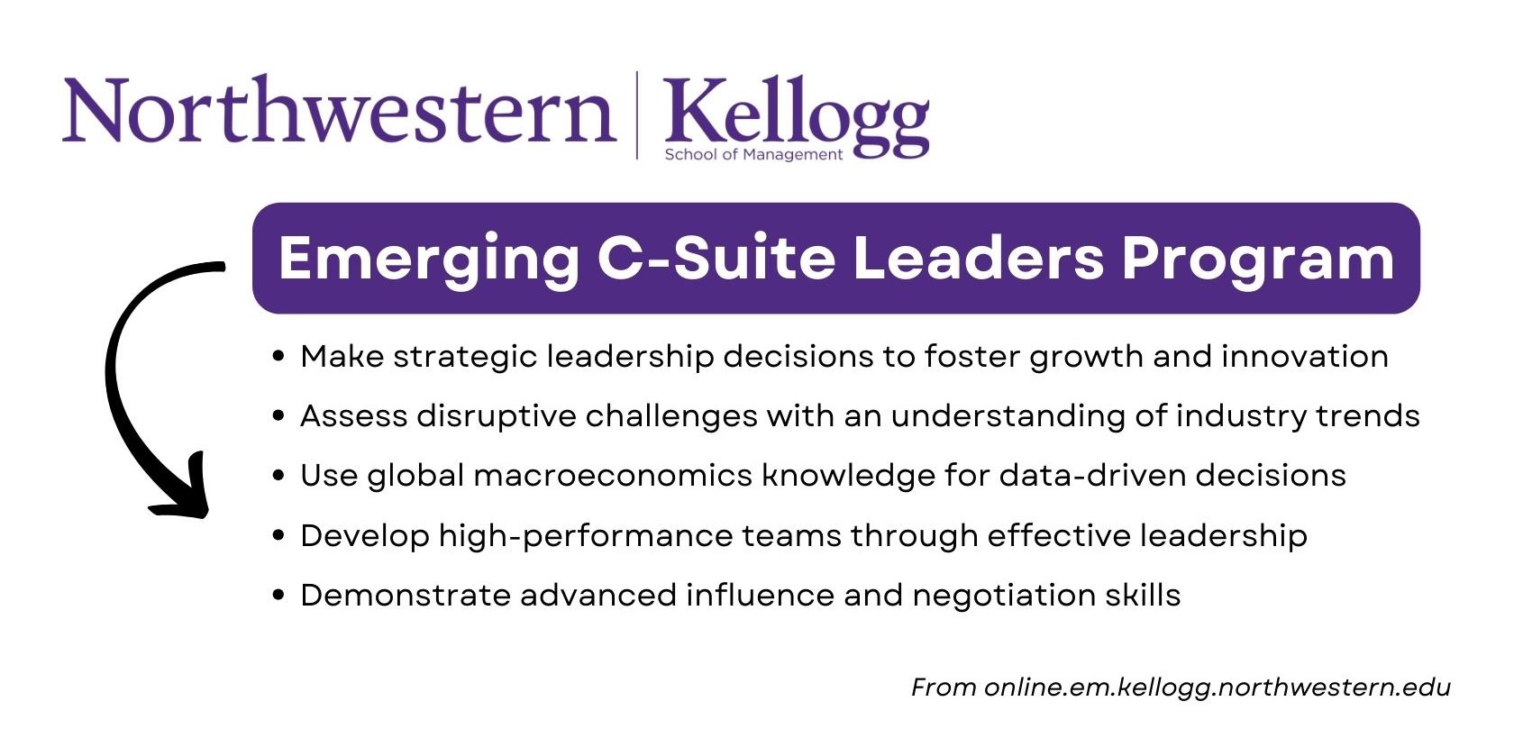 Northwestern Kellogg Emerging C-Suite Leaders Program overview with key benefits.
