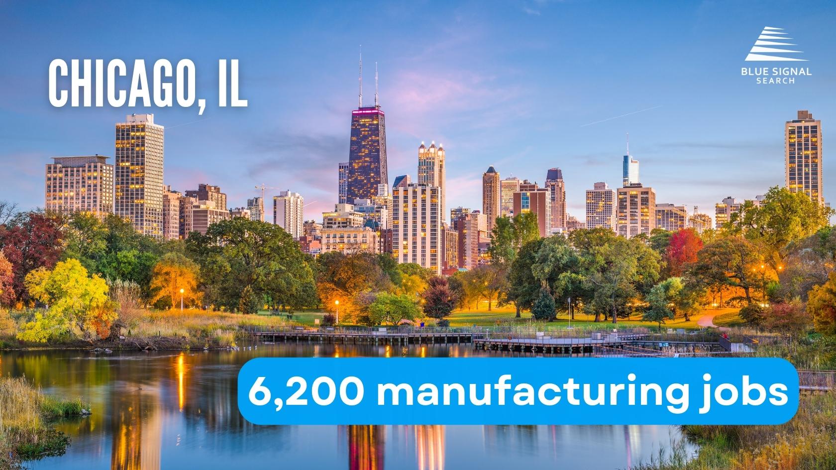 Skyline of Chicago, IL with key manufacturing statistics highlighted.