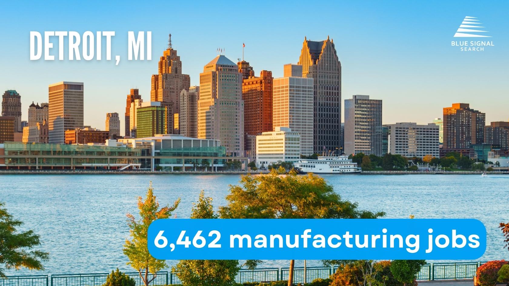 Skyline of Detroit, MI with key manufacturing statistics highlighted.