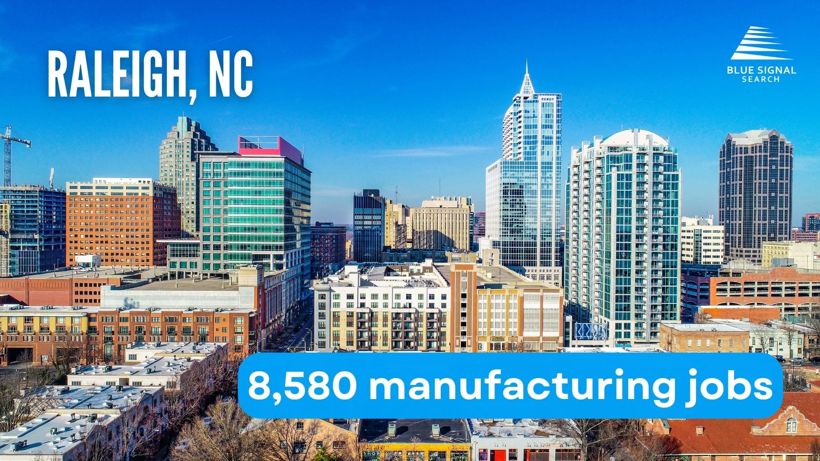 Skyline of Raleigh, NC with key manufacturing statistics highlighted.