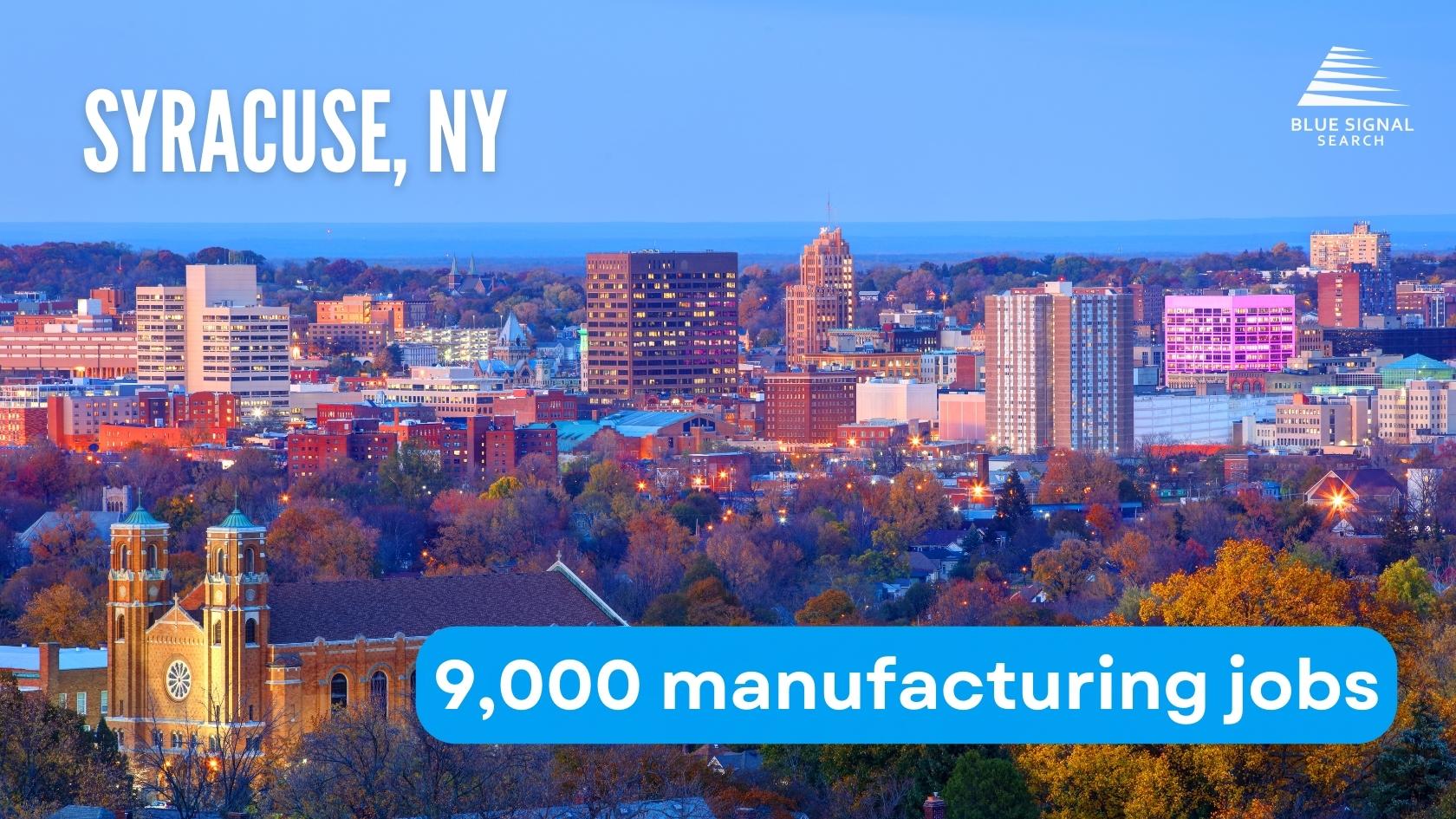 Skyline of Syracuse, NY with key manufacturing statistics highlighted.