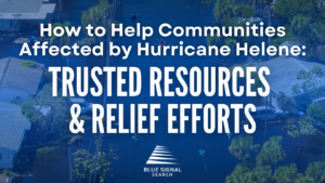 Banner image for the blog post 'How to Help Communities Affected by Hurricane Helene: Trusted Resources and Relief Efforts,' showing a flooded neighborhood with damaged homes.