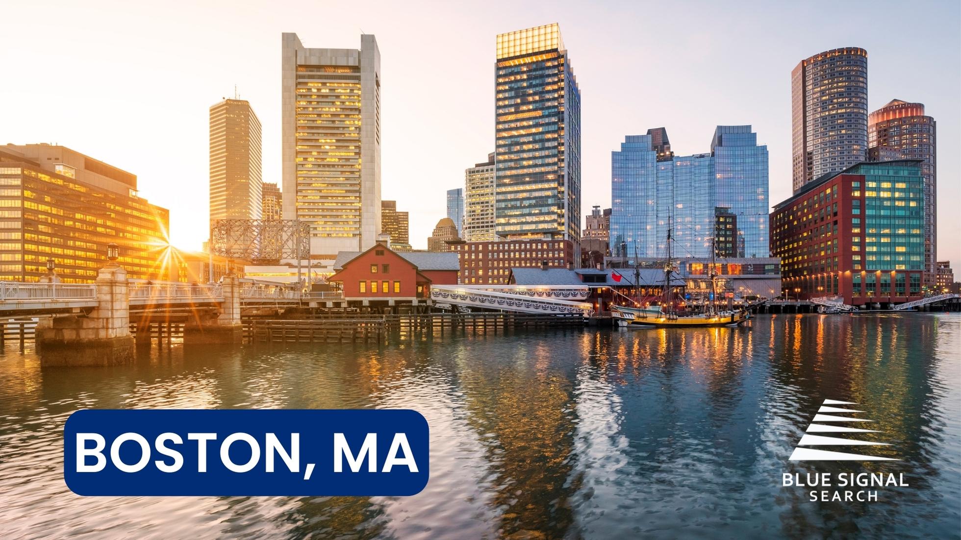 Boston skyline at sunrise, showcasing one of the top cities for finance jobs in asset management and venture capital.