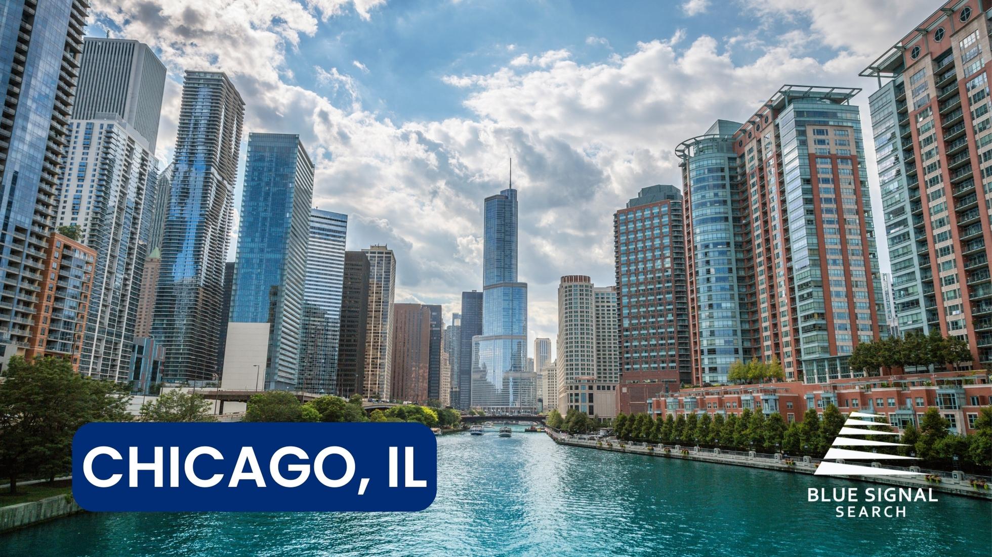 Chicago skyline along the river, showcasing one of the top cities for finance jobs in trading and investment.