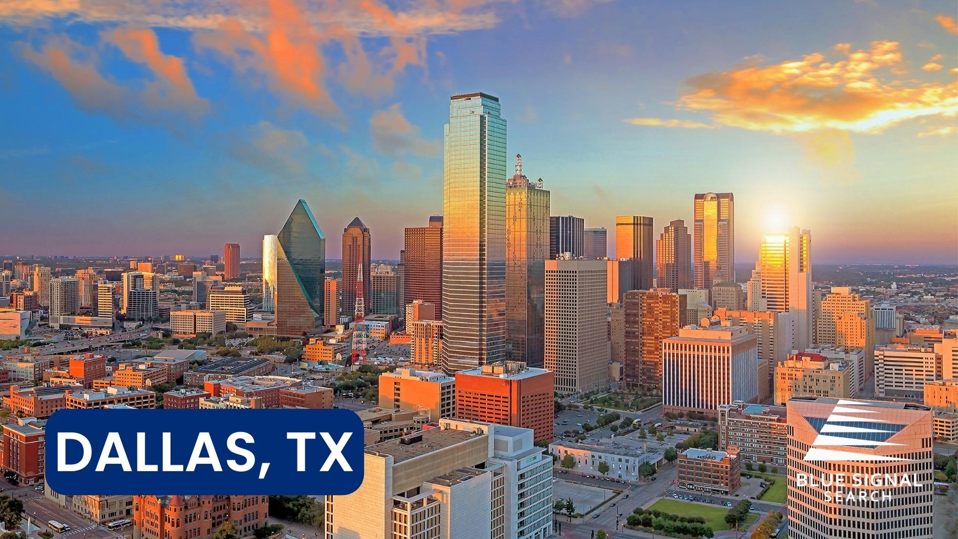 Dallas skyline at sunset, representing one of the fastest-growing cities for finance jobs and banking in the U.S.