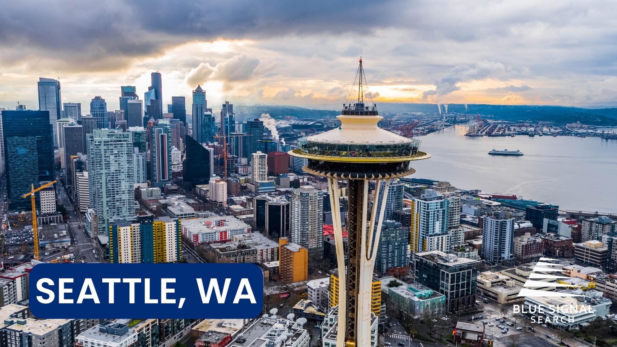 Seattle skyline with the Space Needle, showcasing the city's growth in finance jobs and financial technology.