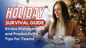 Holiday Survival Guide blog banner featuring a professional woman working on a laptop with festive holiday decor in the background.