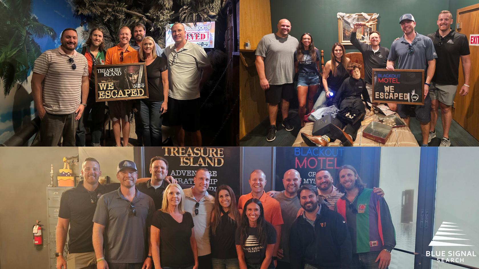 Blue Signal recruiting management team members at the escape room challenge during the 2024 Summit, holding 'We Escaped' signs with smiles and celebration