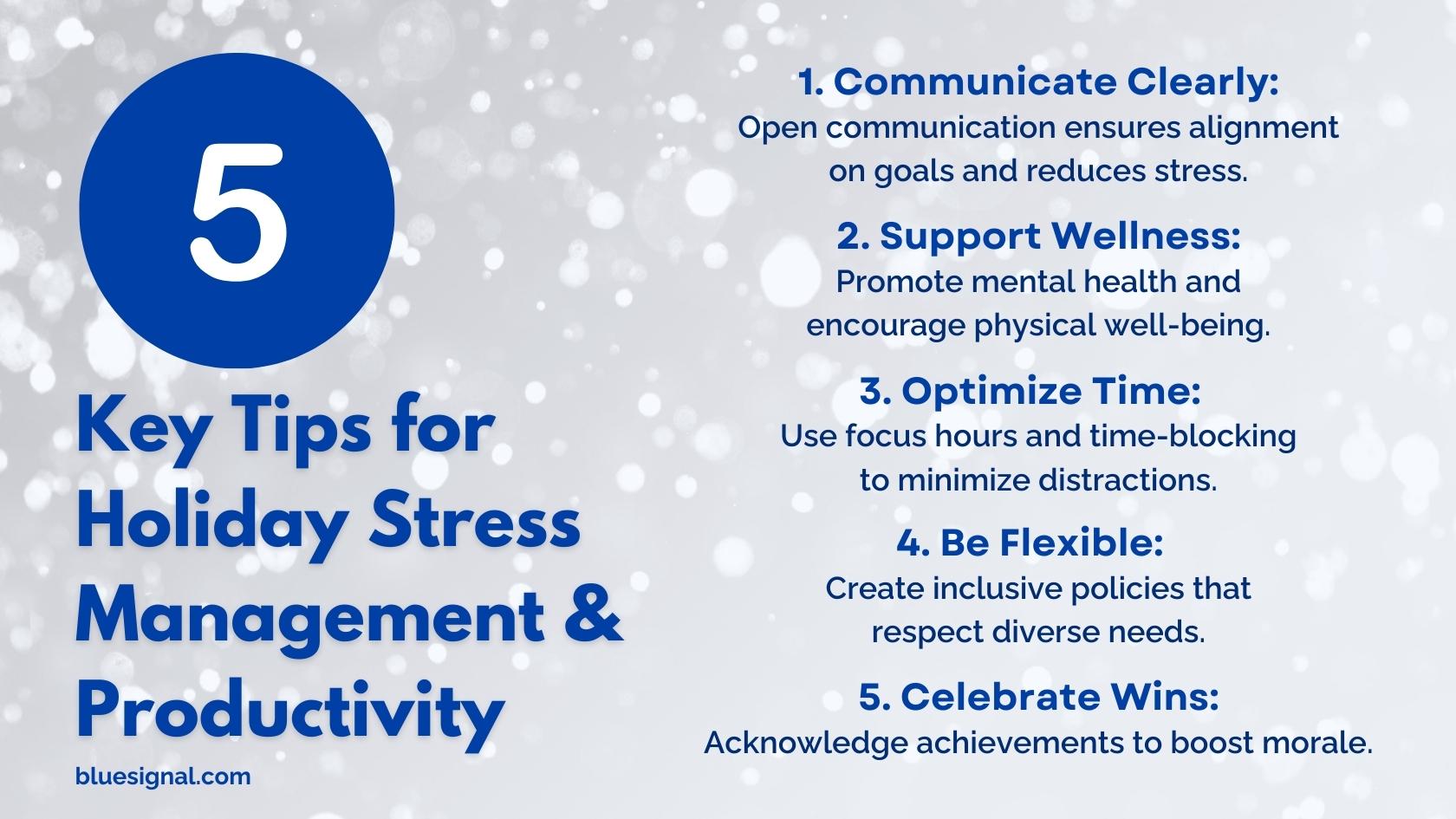 Graphic listing five key tips for holiday stress management and productivity, including communication, wellness, time optimization, flexibility, and celebrating wins.