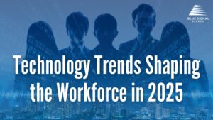 Silhouettes of professionals with digital data overlay, representing technology trends shaping the workforce in 2025.