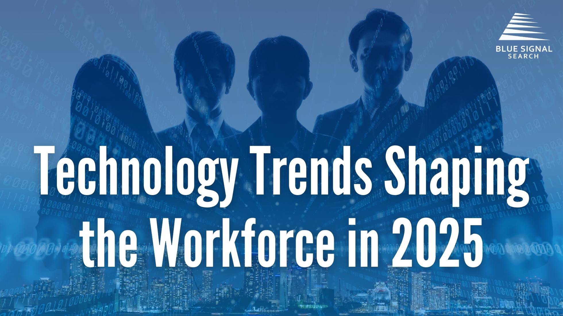 Silhouettes of professionals with digital data overlay, representing technology trends shaping the workforce in 2025.