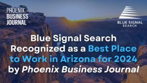 Blue Signal Search Recognized as a Best Place to Work in Arizona for 2024 by Phoenix Business Journal. The image features a scenic view of a canyon at sunset with logos of the Phoenix Business Journal and Blue Signal Search