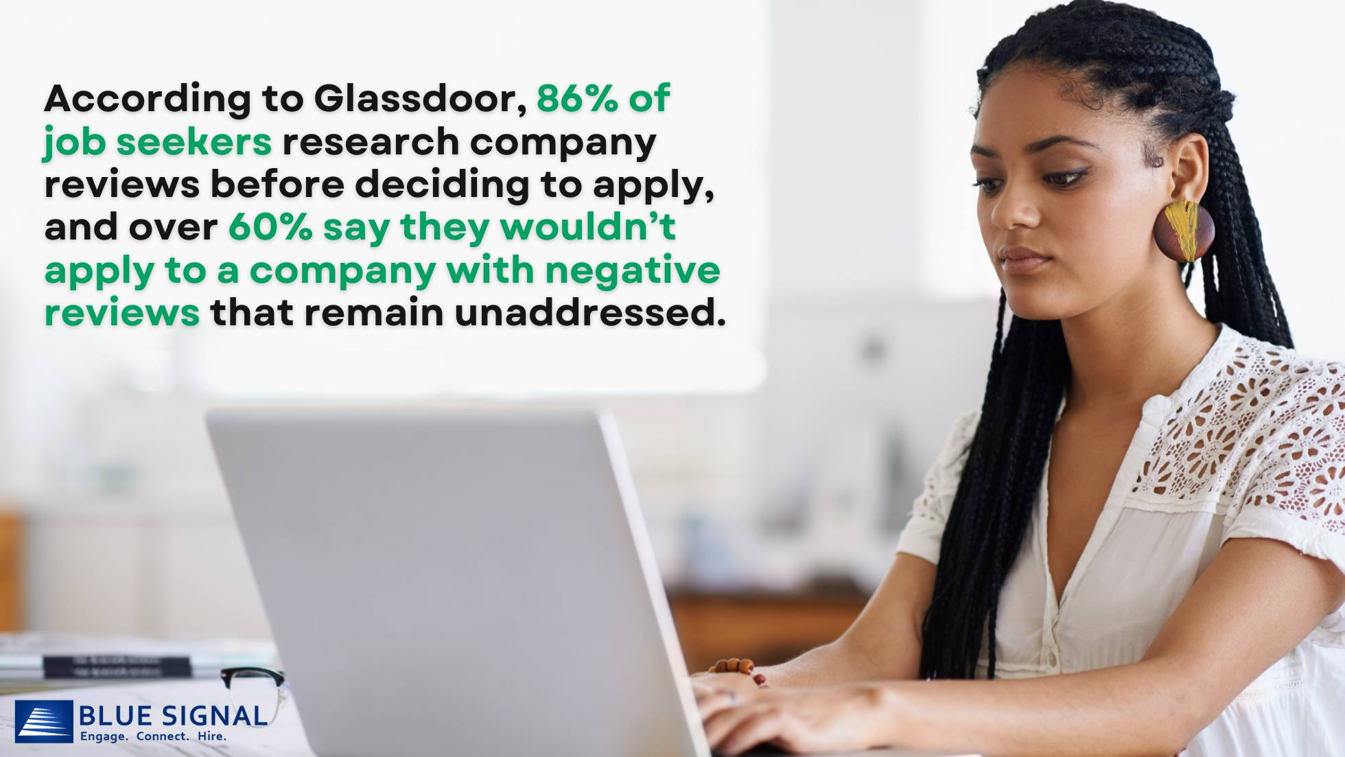 A professional woman working on a laptop, with a statistic overlay about job seekers researching company reviews on Glassdoor