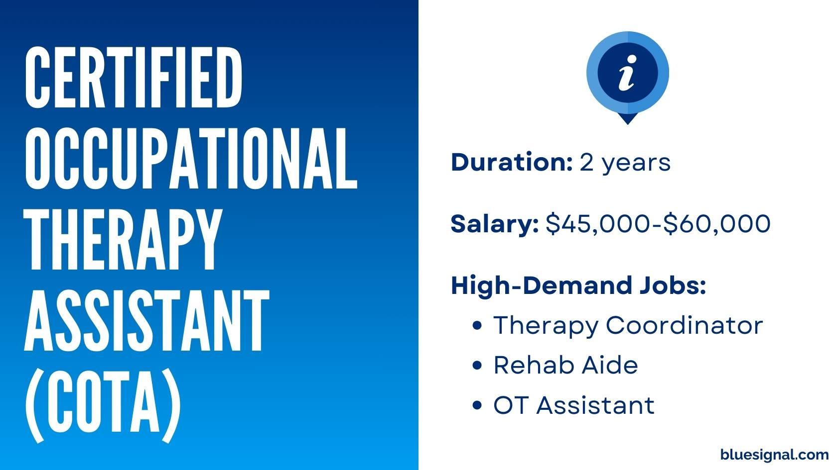 Certified Occupational Therapy Assistant (COTA) certification overview, highlighting duration, salary, and roles like Therapy Coordinator and Rehab Aide.